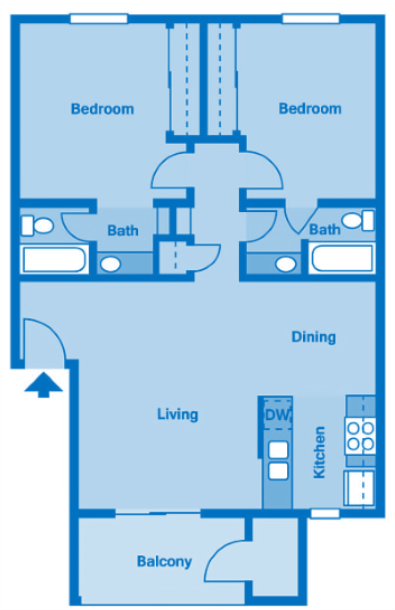 Floor plan for 2 beds, 2 baths, 900 sqft